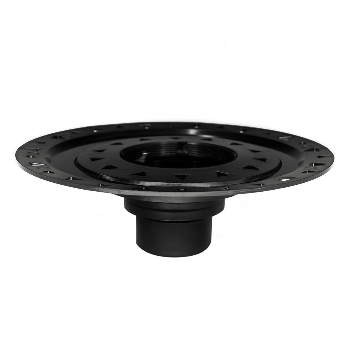 Black plastic drain body with wide bonded flange base and central cylindrical outlet with threaded interior.