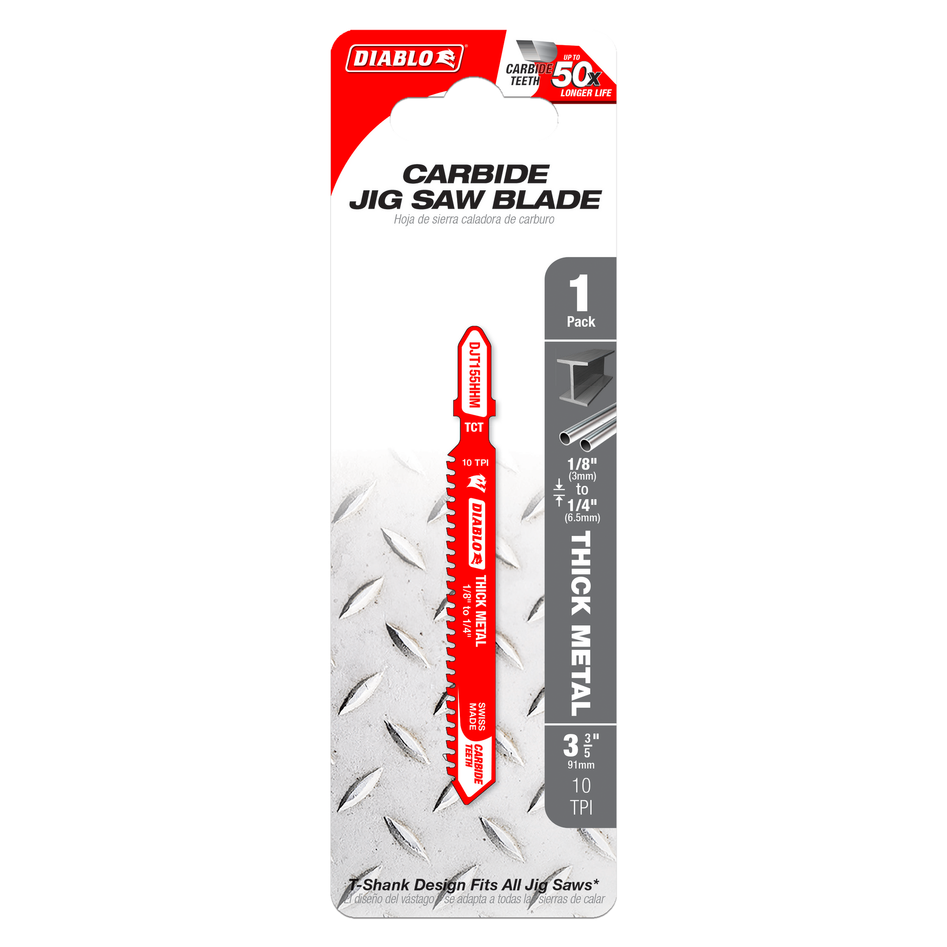 Diablo carbide jig saw blade with red T-shank design on packaging showing metal cutting application.