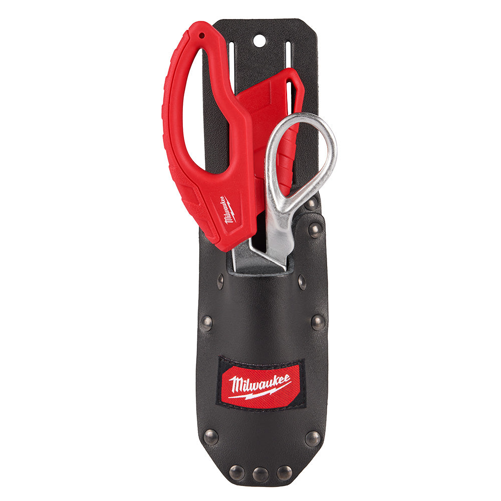 Black leather sheath with red cable splicer tool and metal scissors attached.