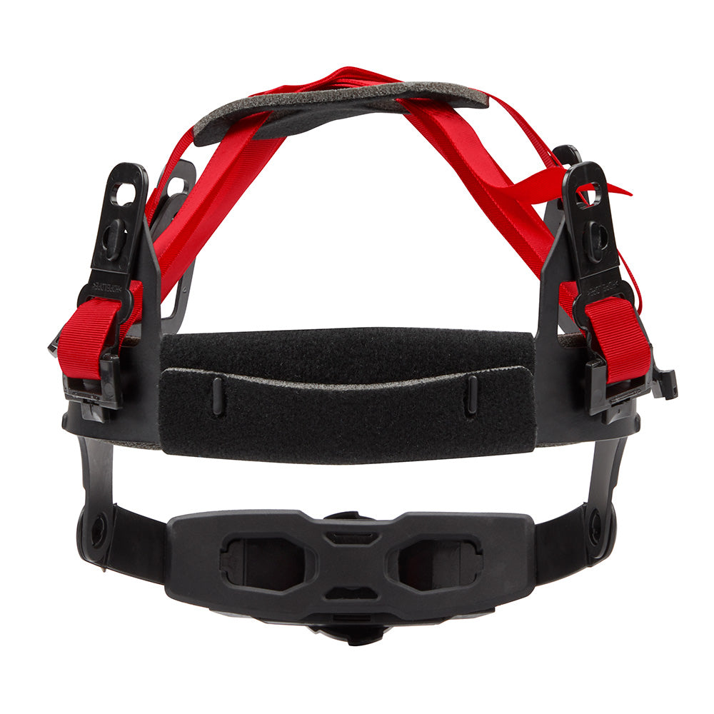 Red and black ratcheting suspension headgear with padded forehead band and side adjustment straps.