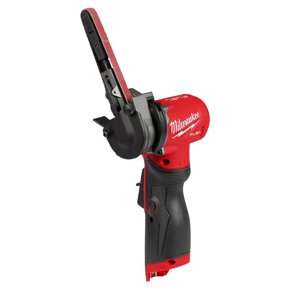 Red and black Milwaukee M12 FUEL cordless bandfile with abrasive belt attachment and grip handle.