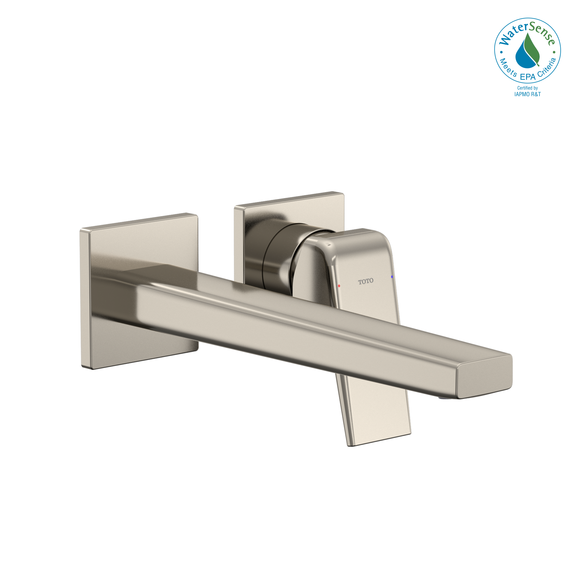 Polished nickel wall-mount bathroom faucet with single handle and long spout extending from square mounting plates.