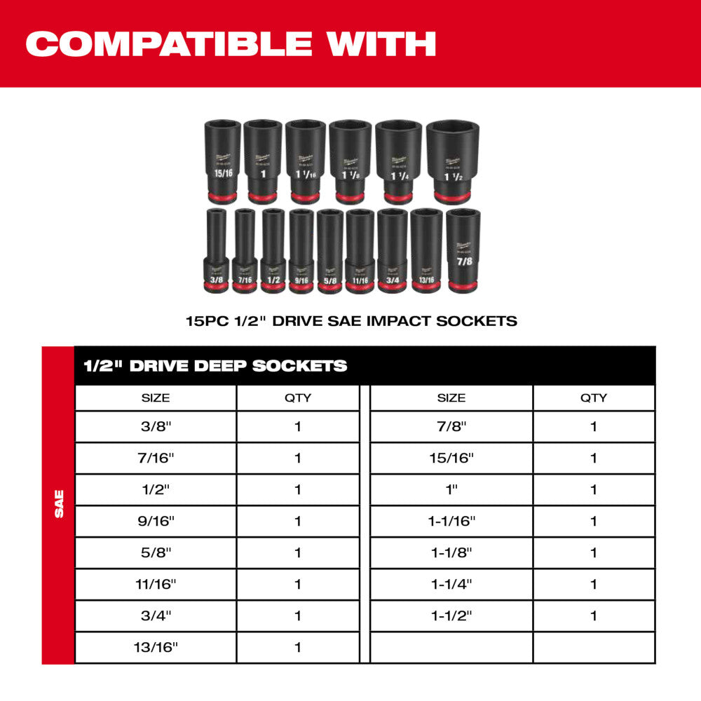 Fifteen 1/2" drive SAE impact sockets in black with red bands, arranged in two rows above a size and quantity chart.