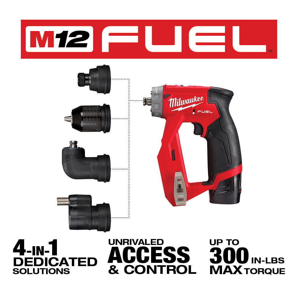 Red and black M12 FUEL installation drill/driver with four interchangeable chuck attachments displayed on left side.