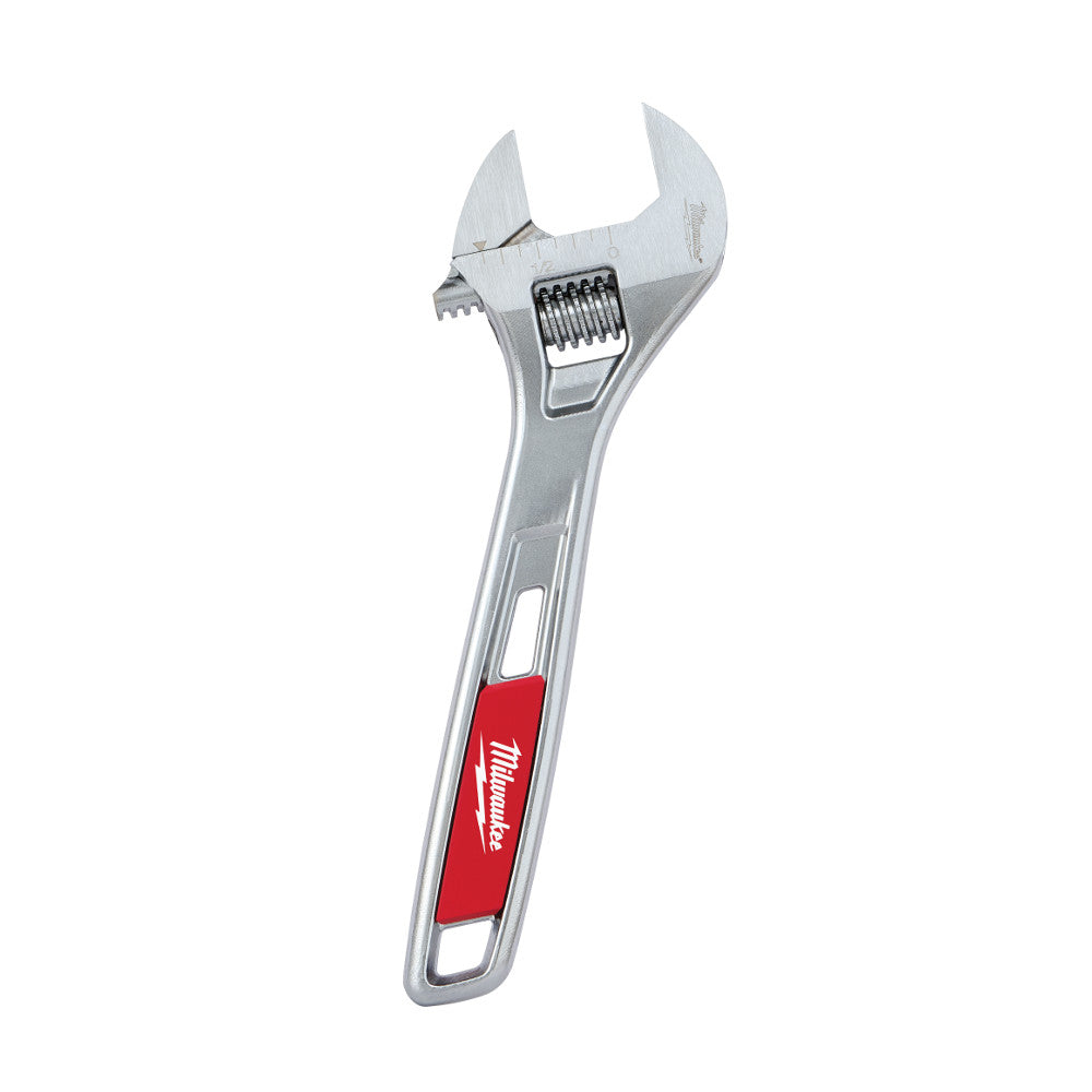 Silver adjustable wrench with red grip section and adjustment screw mechanism on handle.