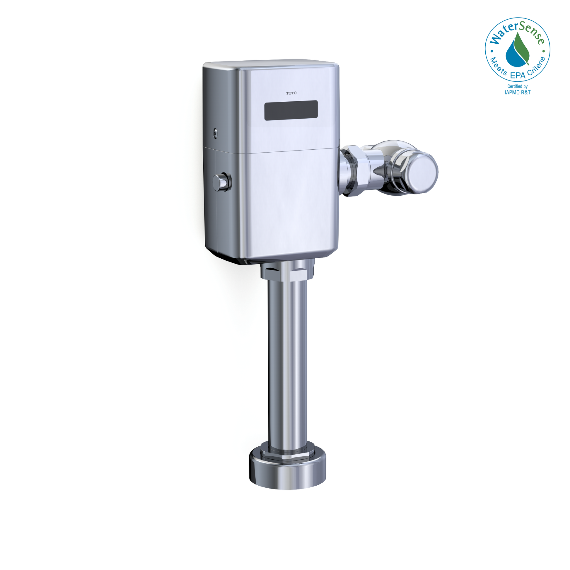 Toto Ecopower touchless toilet flushometer valve in polished chrome with sensor panel and side vacuum breaker assembly.