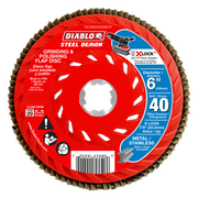 Red Diablo Steel Demon 6-inch 40-grit flap disc with X-Lock arbor and tan abrasive flaps around perimeter.