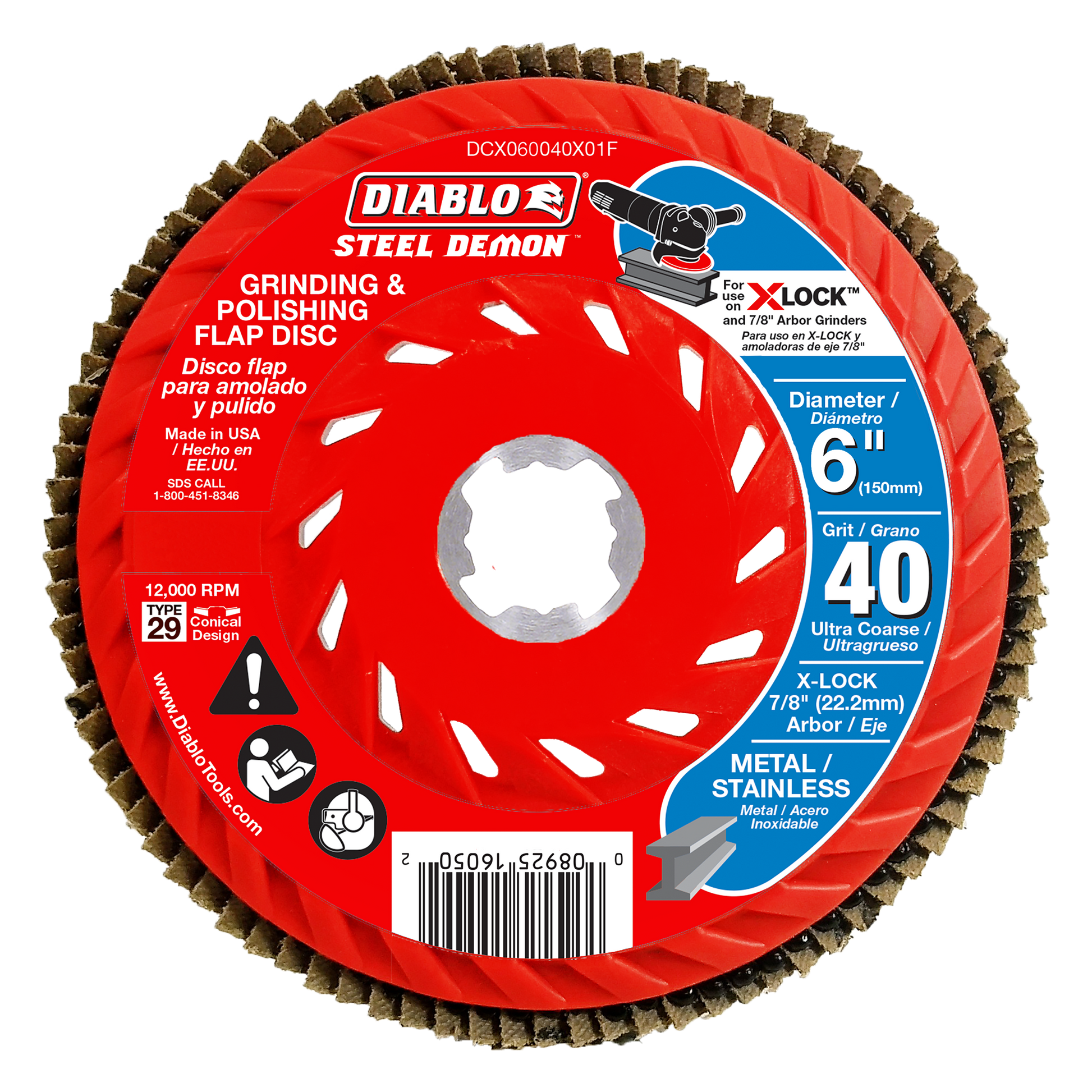 Red Diablo Steel Demon 6-inch 40-grit flap disc with X-Lock arbor and tan abrasive flaps around perimeter.