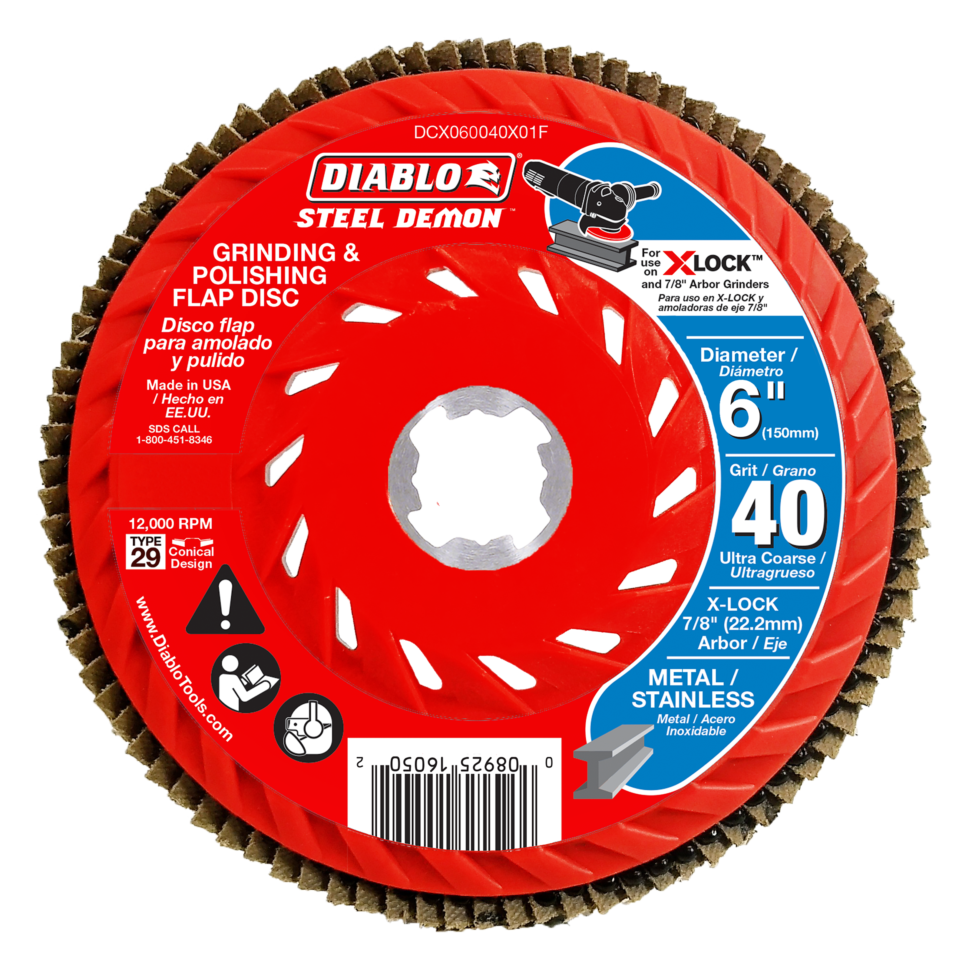 Red Diablo Steel Demon 6-inch 40-grit flap disc with X-Lock arbor and tan abrasive flaps around perimeter.