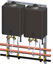 Two black rectangular tankless water heaters mounted on a metal rack with copper and black piping, brass fittings, and contro