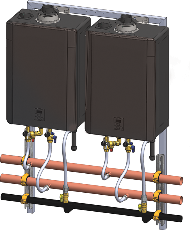 Two black rectangular tankless water heaters mounted on a metal rack with copper and black piping, brass fittings, and contro