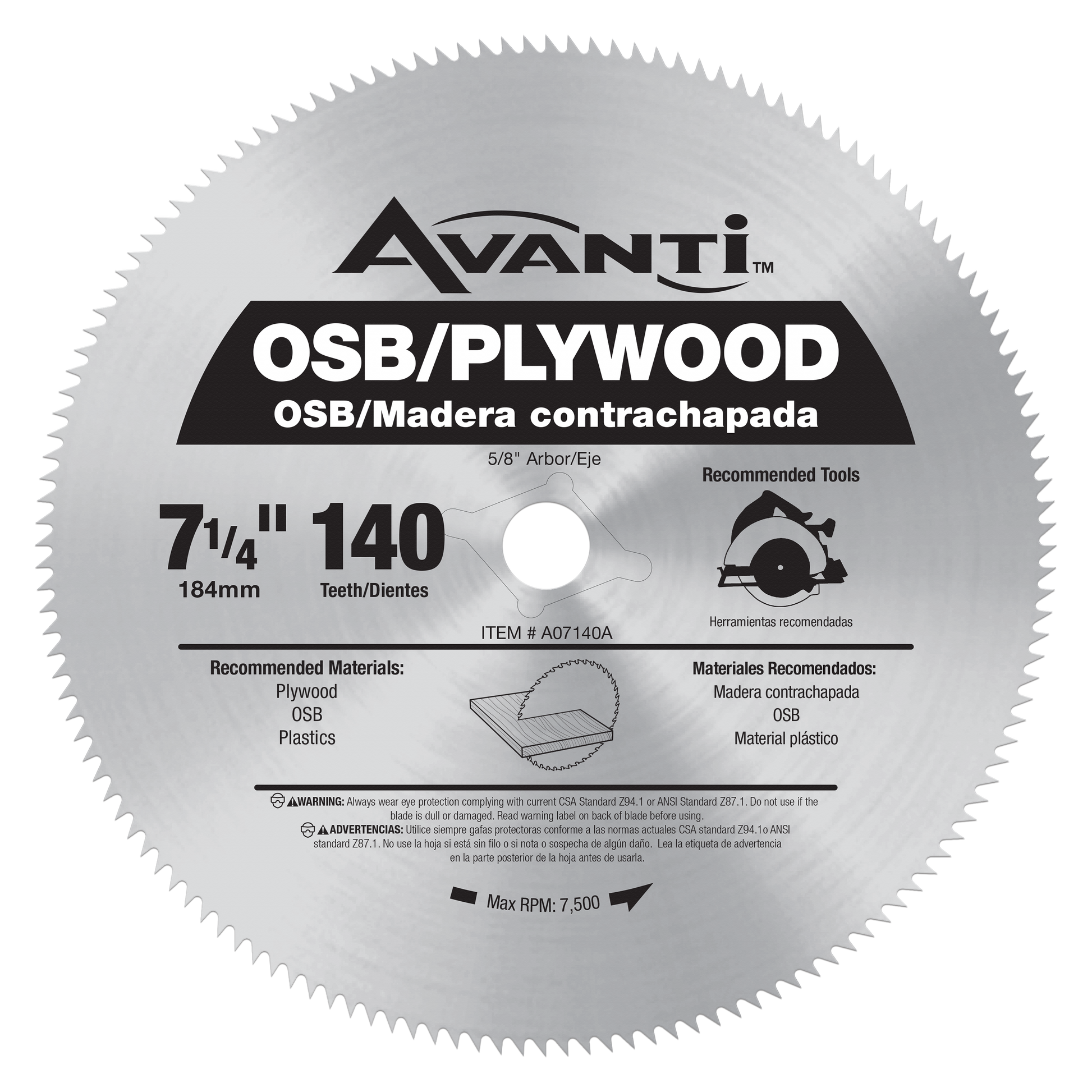 Avanti 7-1/4" circular saw blade with 140 teeth for plywood and OSB cutting, 5/8" arbor, 7,500 RPM max.