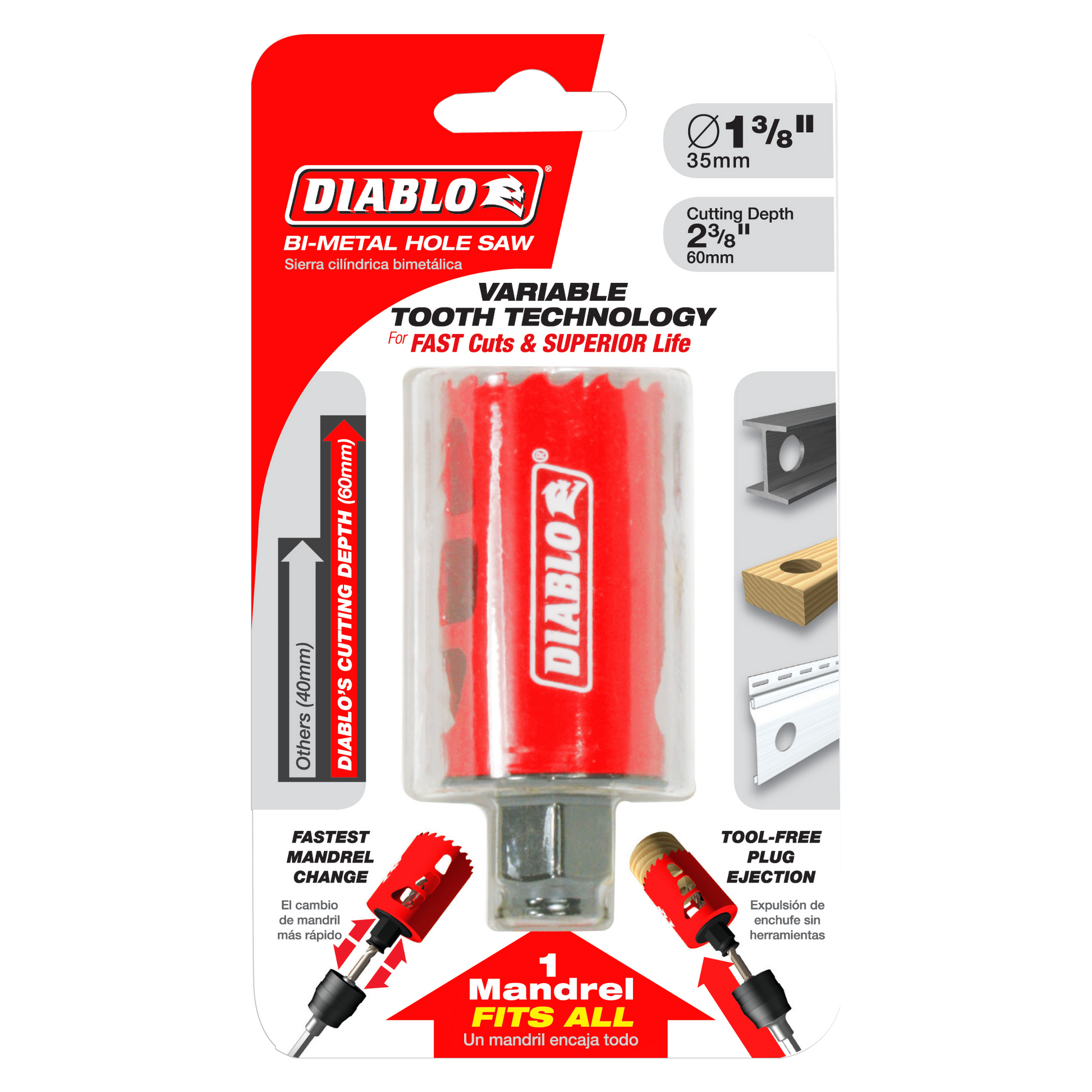 Red Diablo bi-metal hole saw with 1-3/8 inch diameter and 2-3/8 inch cutting depth, shown on packaging with mandrel attachmen
