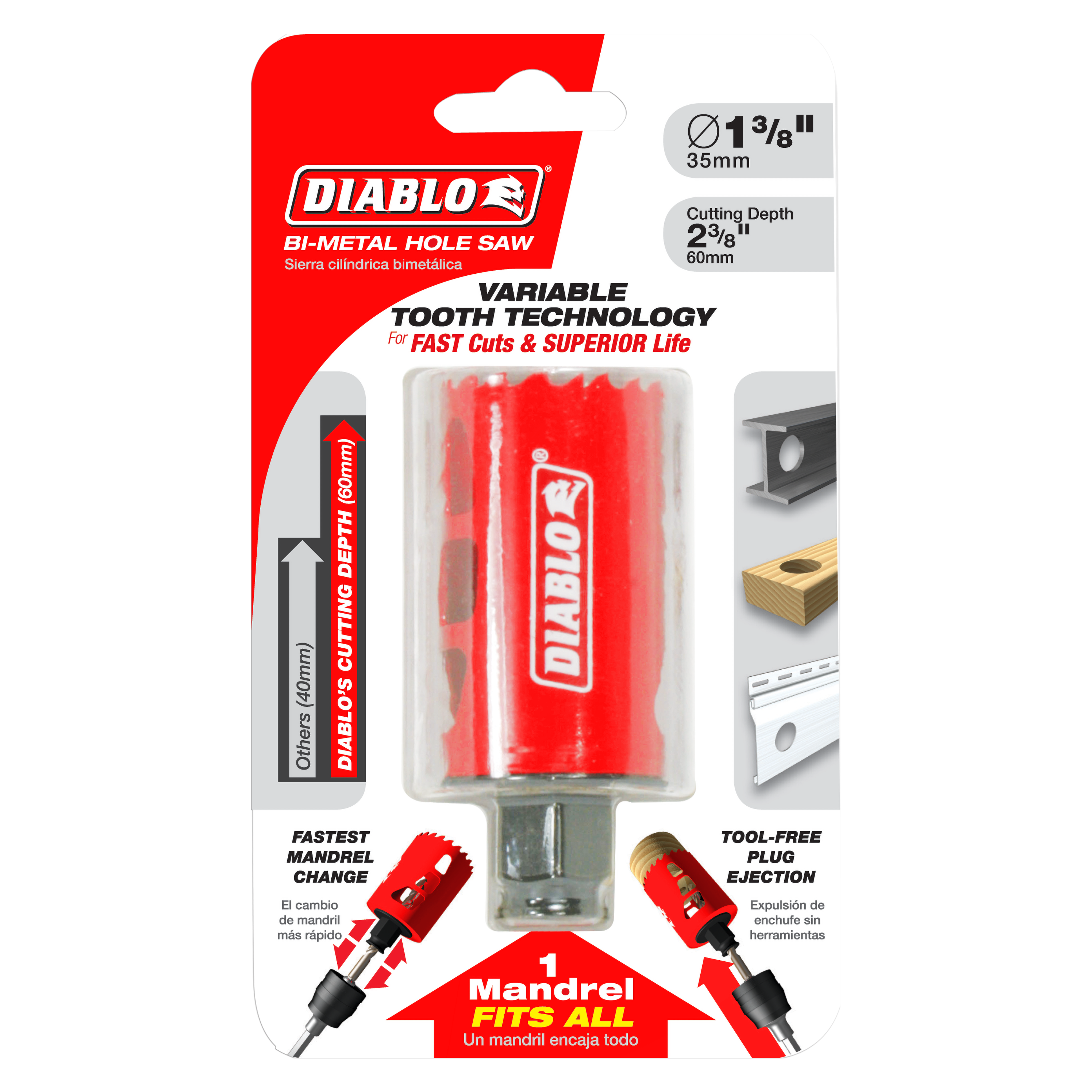 Red Diablo bi-metal hole saw with 1-3/8 inch diameter and 2-3/8 inch cutting depth, shown on packaging with mandrel attachmen