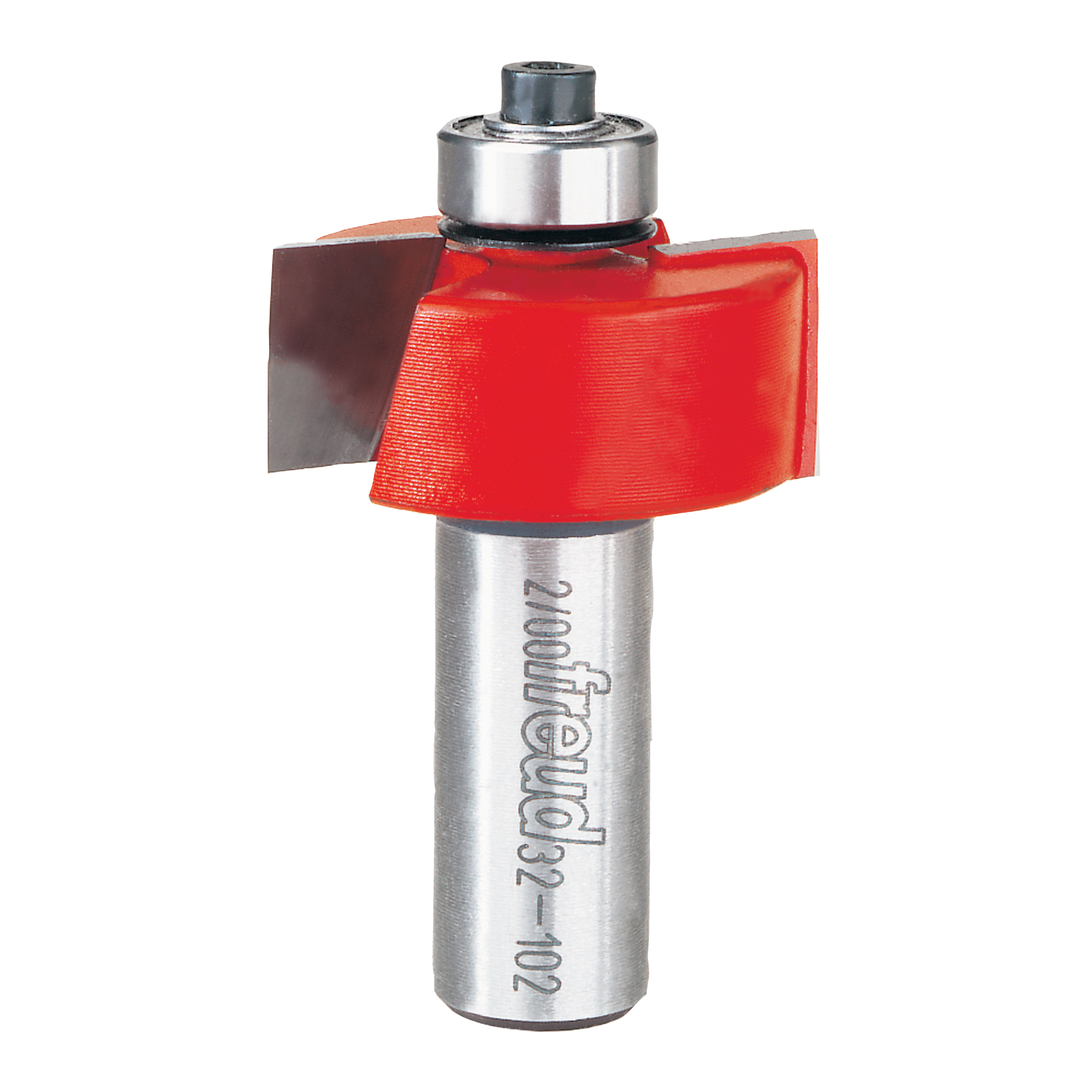 Freud 1-1/4" rabbeting bit with red plastic guard and steel shank for router use.