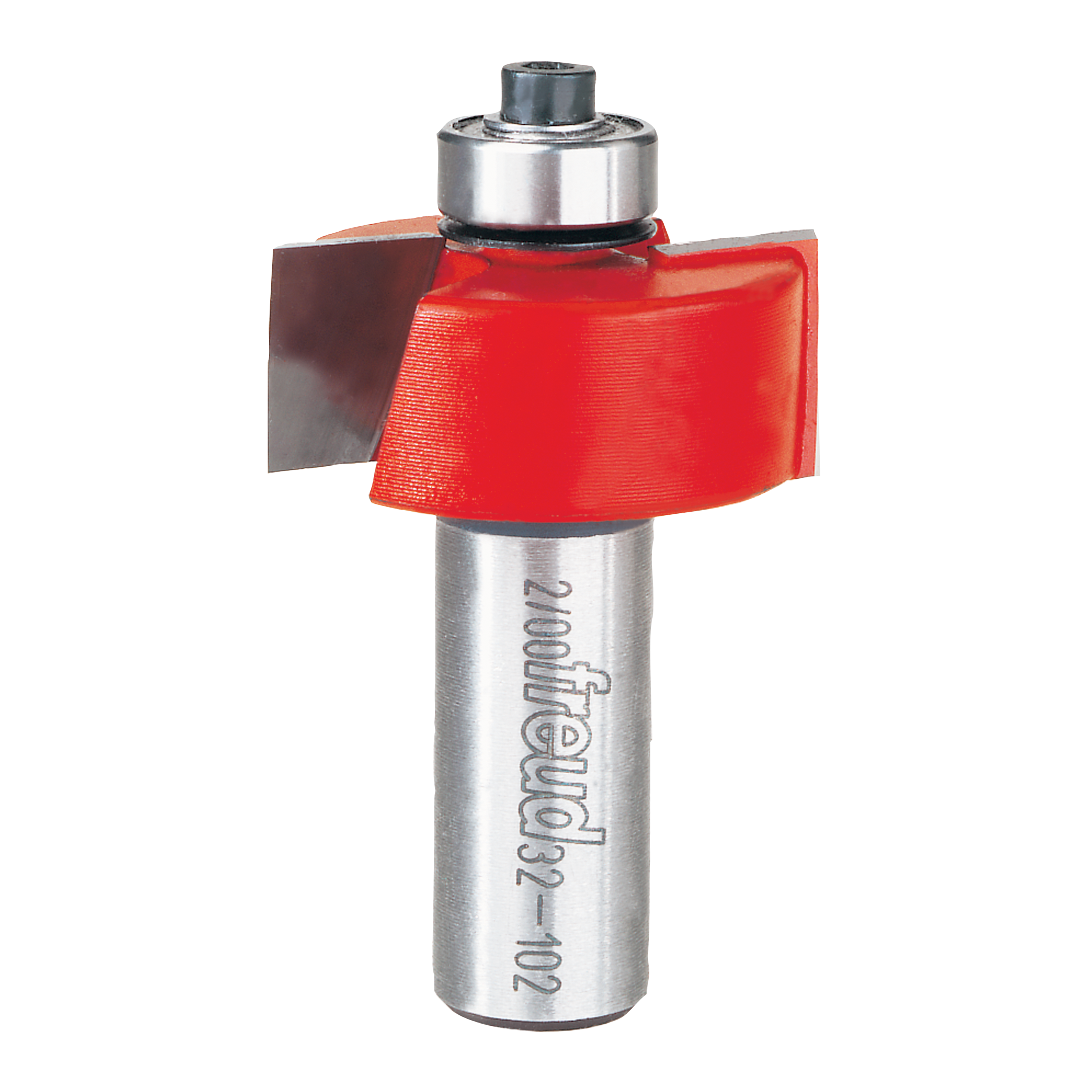 Freud 1-1/4" rabbeting bit with red plastic guard and steel shank for router use.