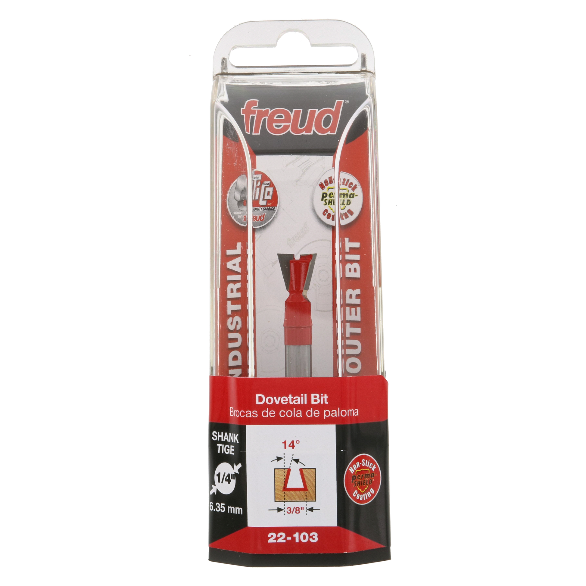 Freud 22-103 dovetail router bit with red cutting head and silver shaft in clear plastic packaging.