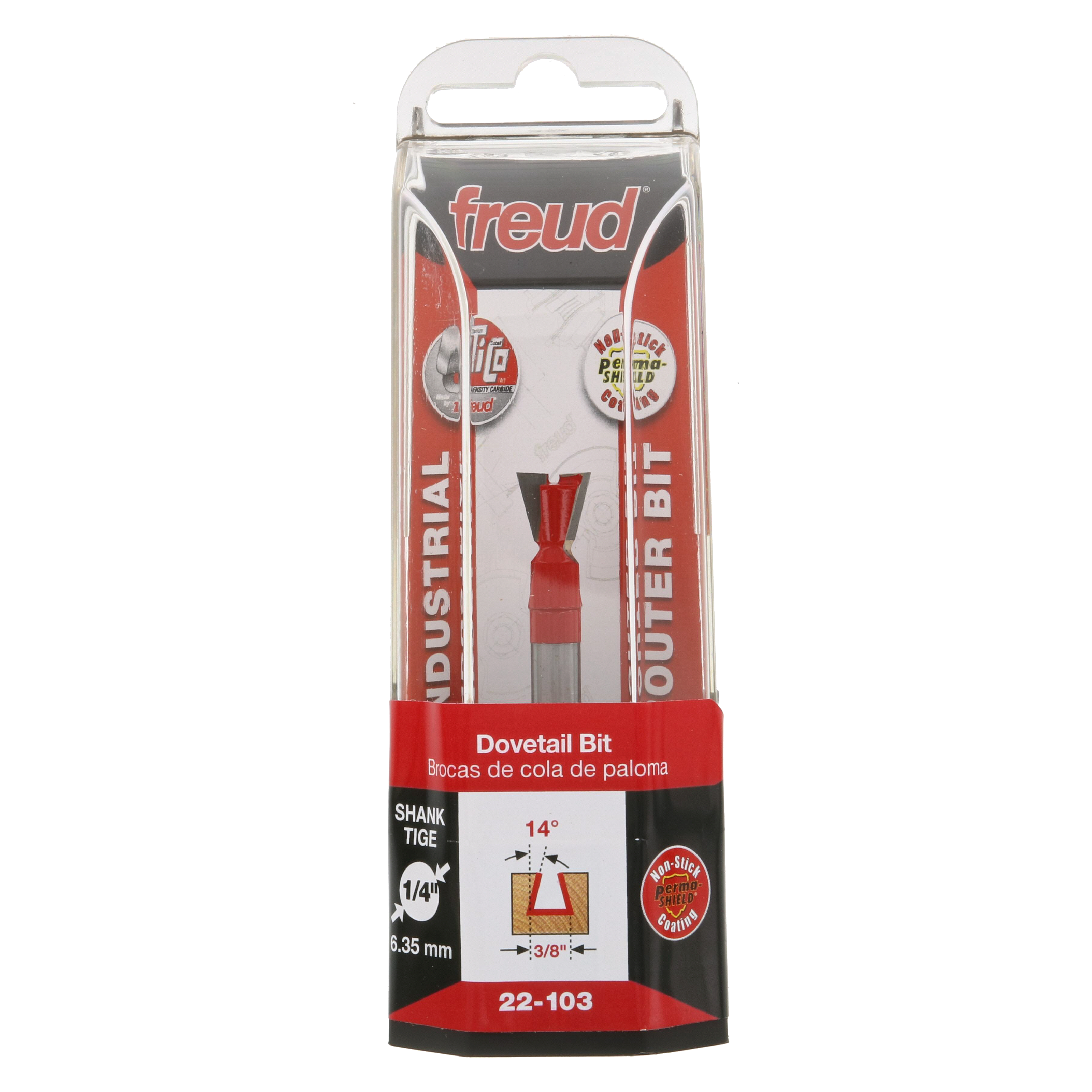Freud 22-103 dovetail router bit with red cutting head and silver shaft in clear plastic packaging.