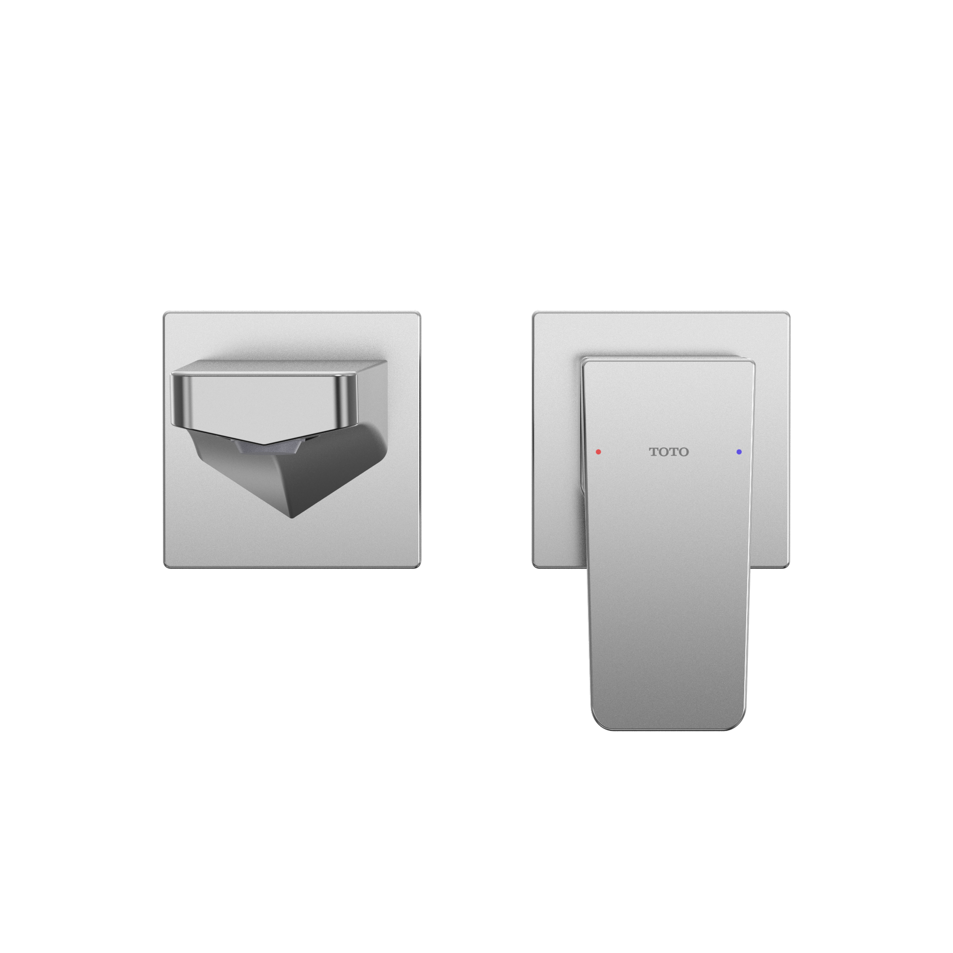 Polished chrome wall-mount bathroom faucet with single handle and rectangular escutcheon plate, shown from top view with spou