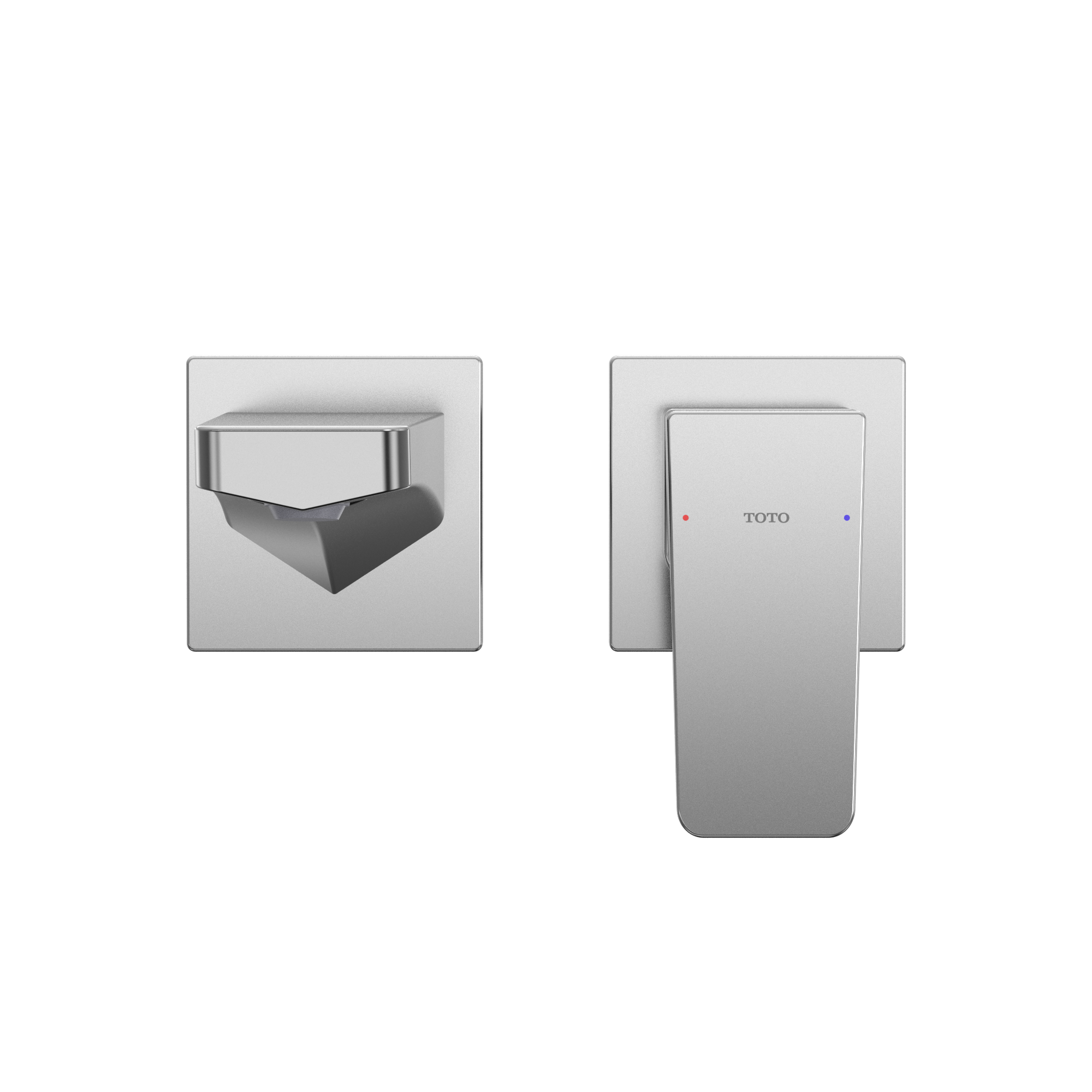 Polished chrome wall-mount bathroom faucet with single handle and rectangular escutcheon plate, shown from top view with spou