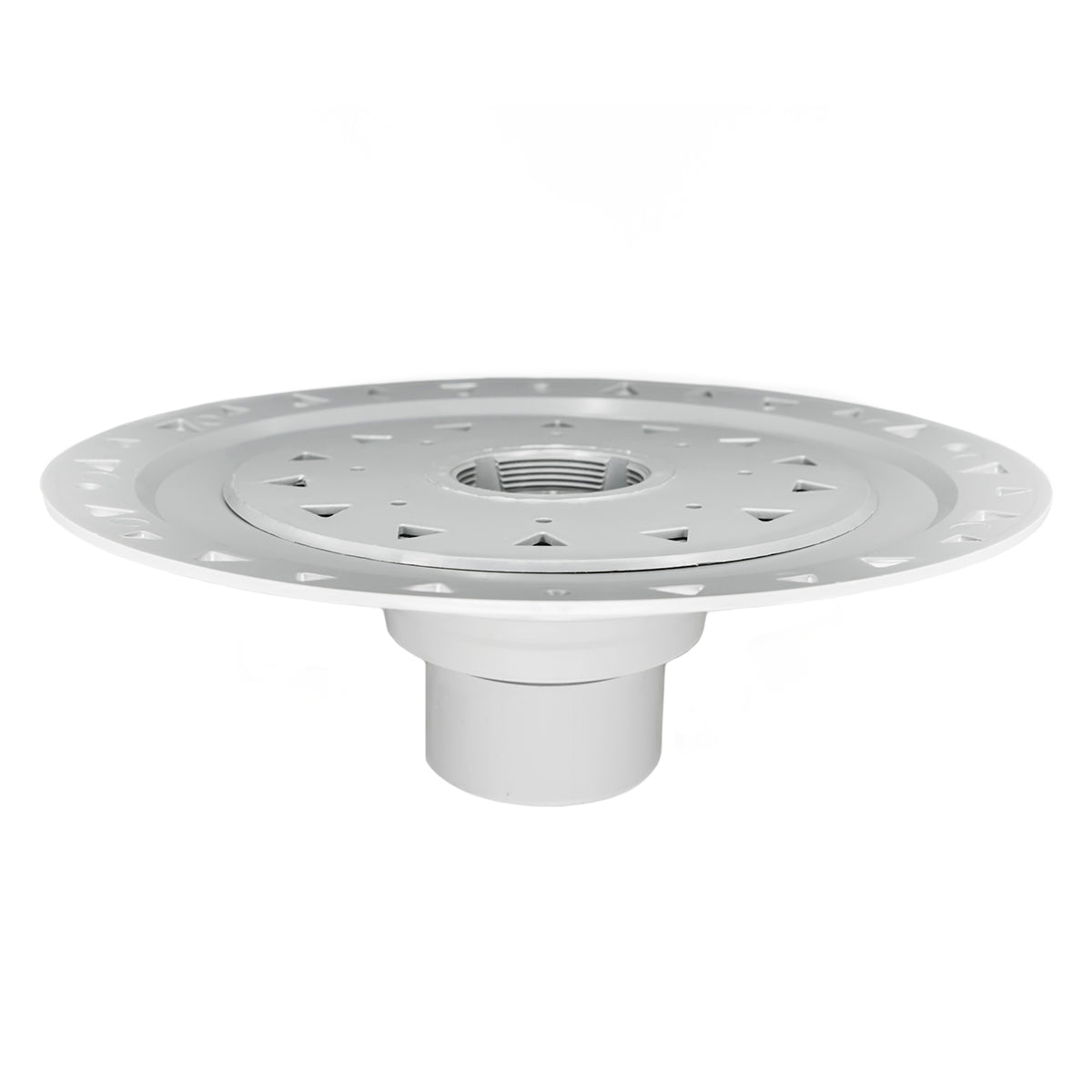 White drain body with bonded flange featuring circular perforated top and threaded center opening.