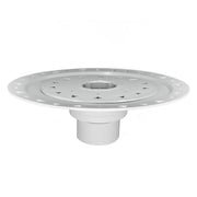 White drain body with bonded flange featuring circular perforated top and threaded center opening.