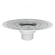 White circular drain body with bonded flange, threaded center opening, and mounting holes around perimeter.