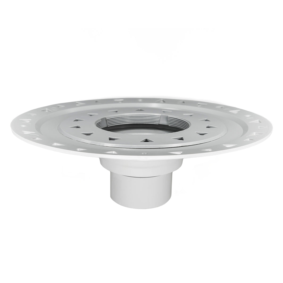 White circular drain body with bonded flange, threaded center opening, and mounting holes around perimeter.
