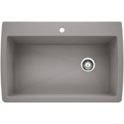 Metallic gray single bowl drop-in kitchen sink with drain and faucet hole.
