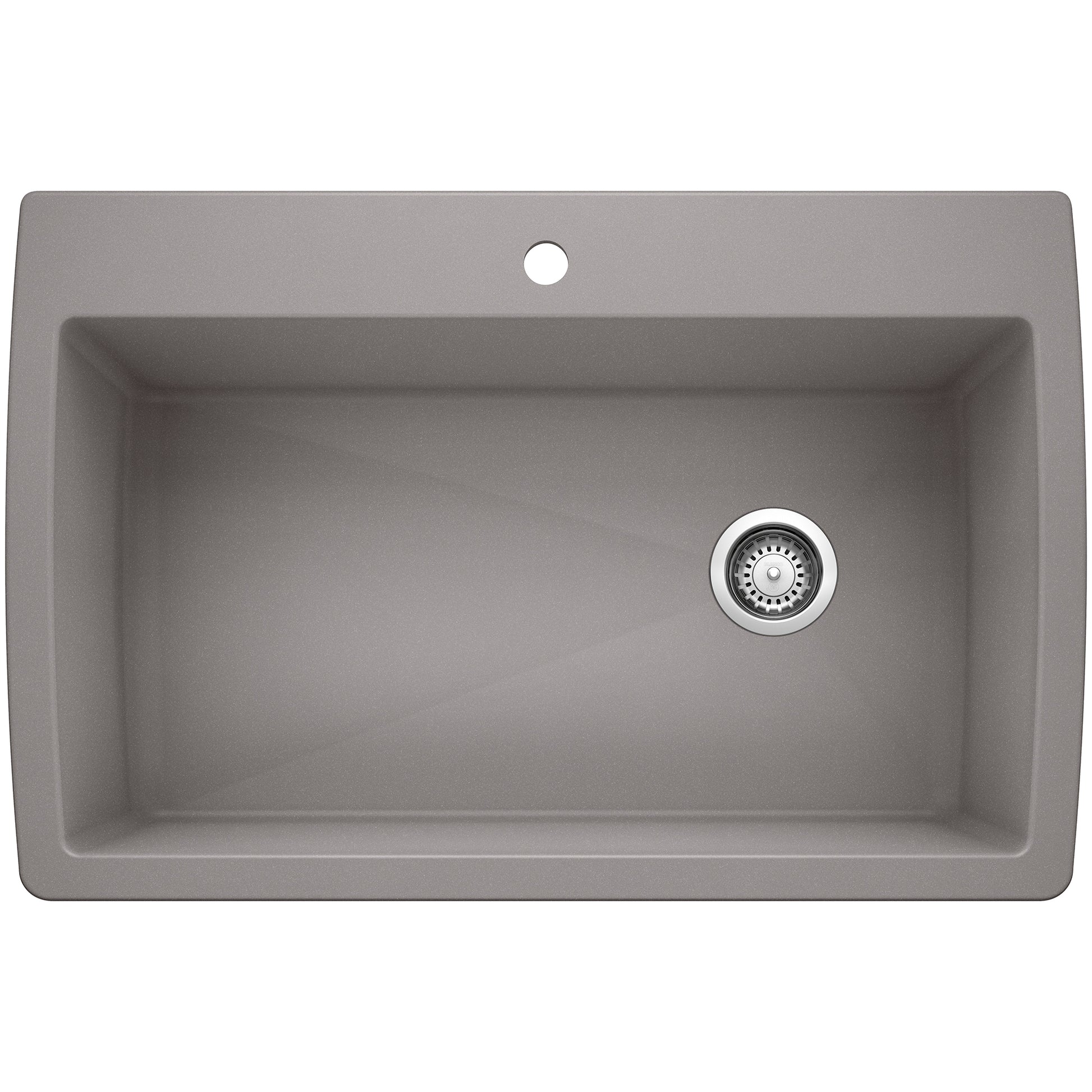Metallic gray single bowl drop-in kitchen sink with drain and faucet hole.