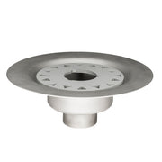 Stainless steel drain body with gray bonded flange and central outlet opening, featuring triangular perforations around the f