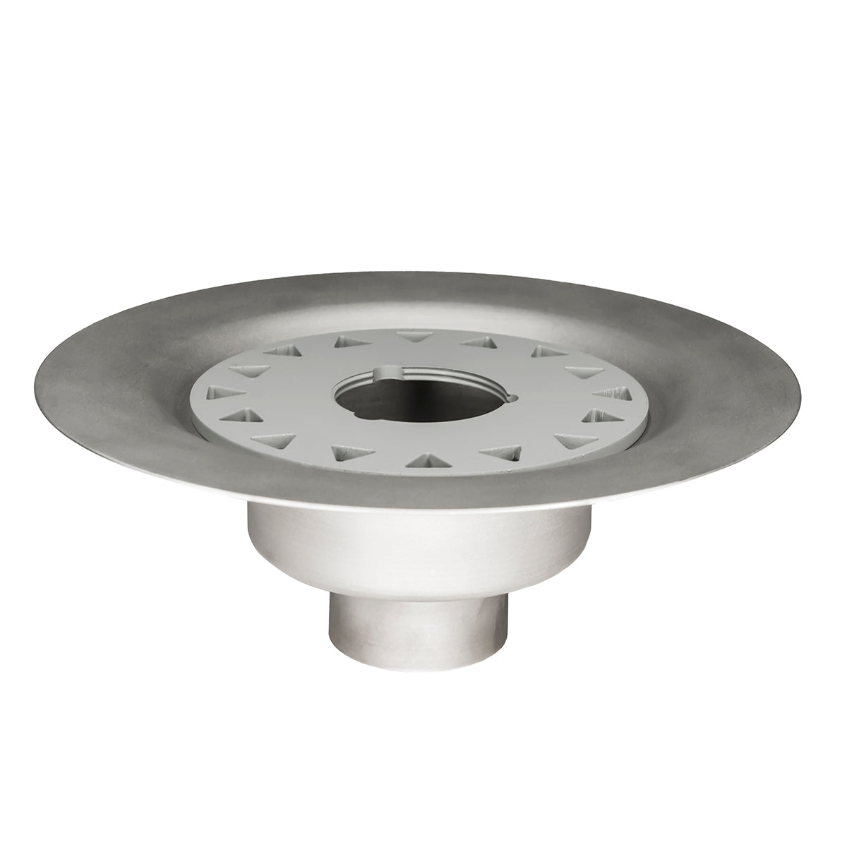 Stainless steel drain body with gray bonded flange and central outlet opening, featuring triangular perforations around the f