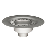 Stainless steel drain body with bonded flange and central outlet pipe on white background.