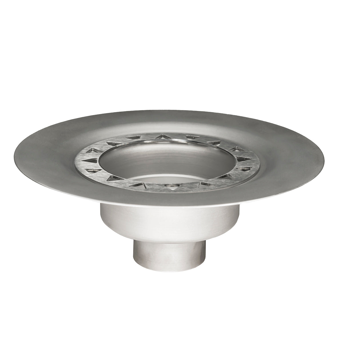 Stainless steel drain body with bonded flange and central outlet pipe on white background.