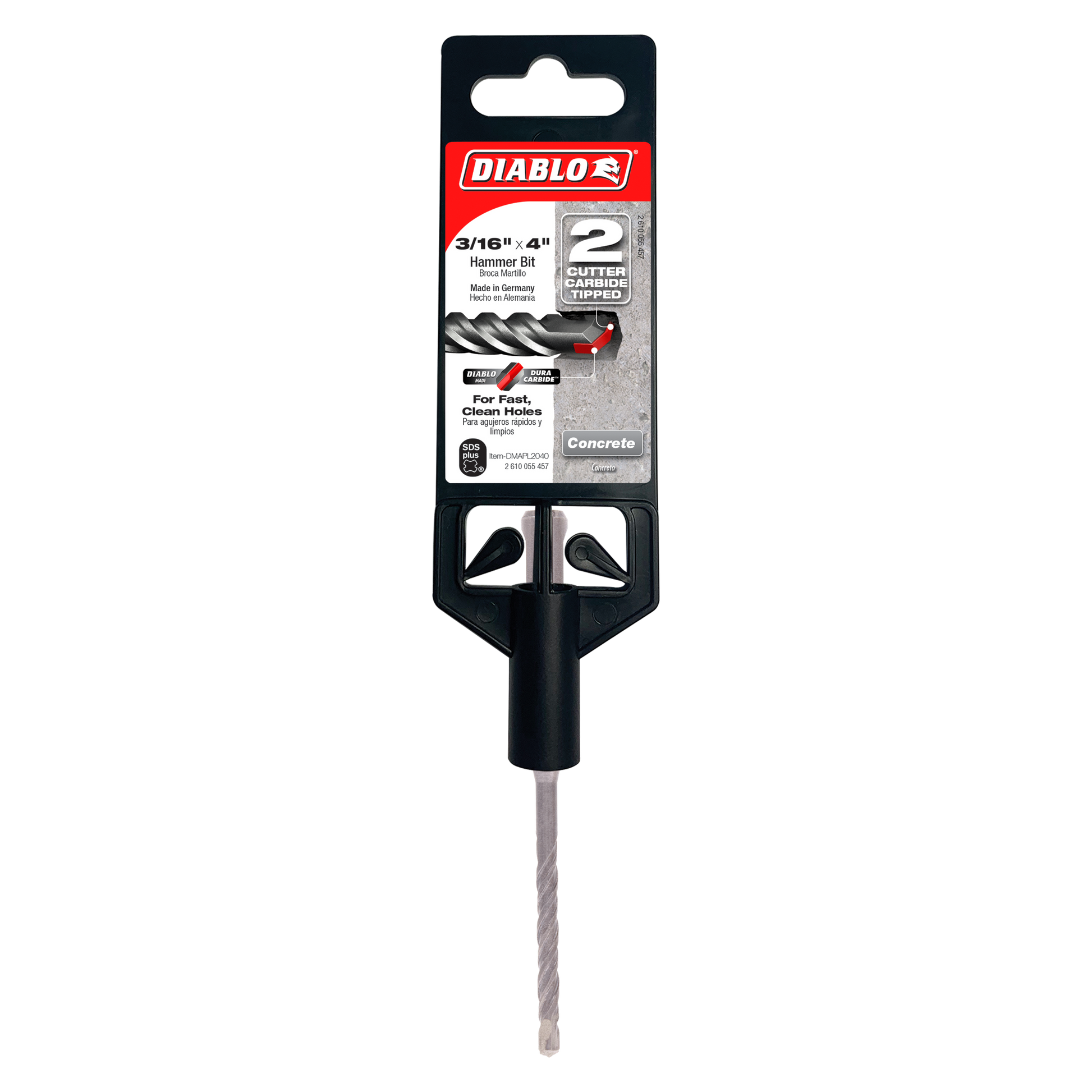 Diablo 3/16 inch SDS-Plus hammer drill bit with 2 cutting flutes and black grip handle in retail packaging.