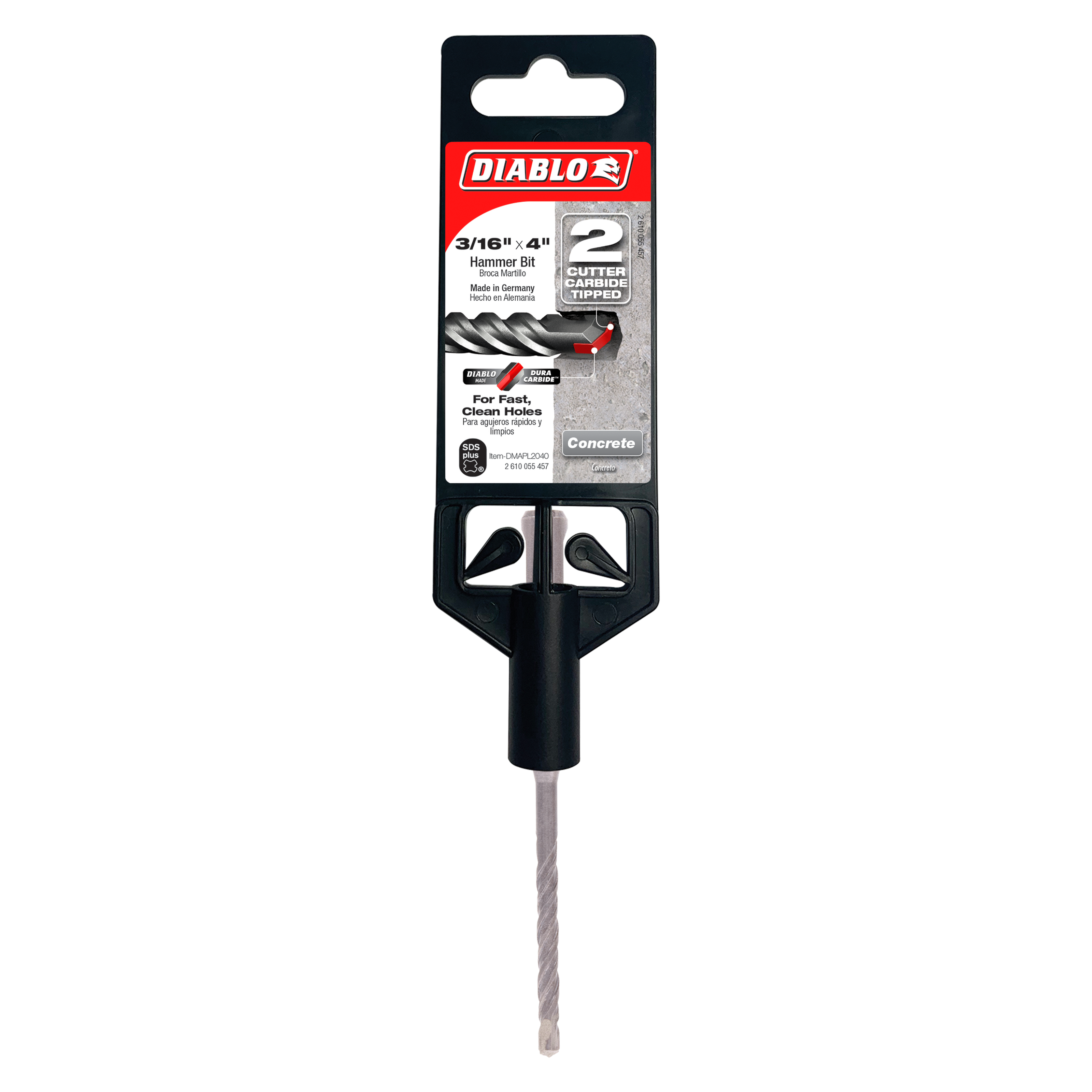 Diablo 3/16 inch SDS-Plus hammer drill bit with 2 cutting flutes and black grip handle in retail packaging.