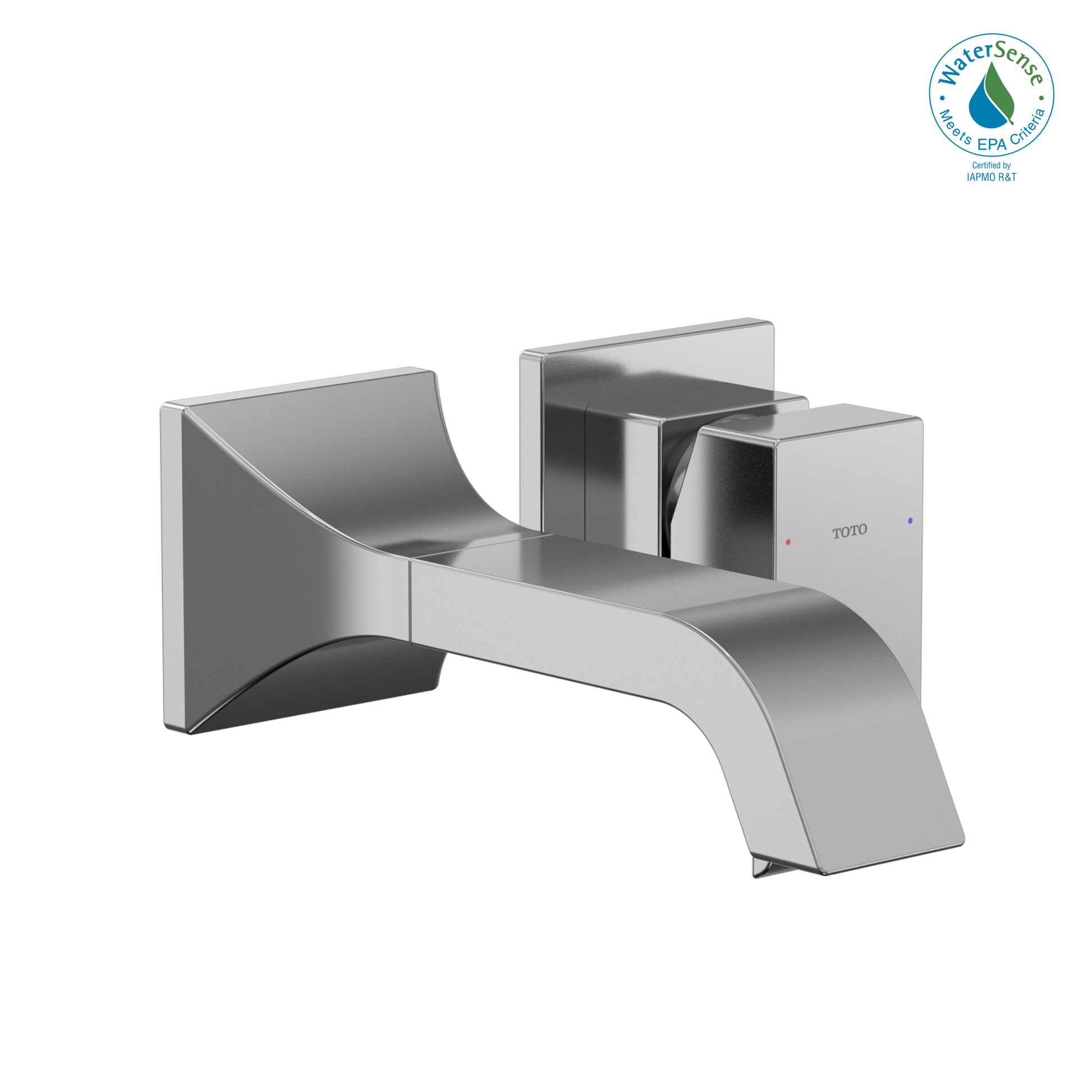 Polished chrome wall-mount bathroom faucet with single curved spout and square handles on each side.