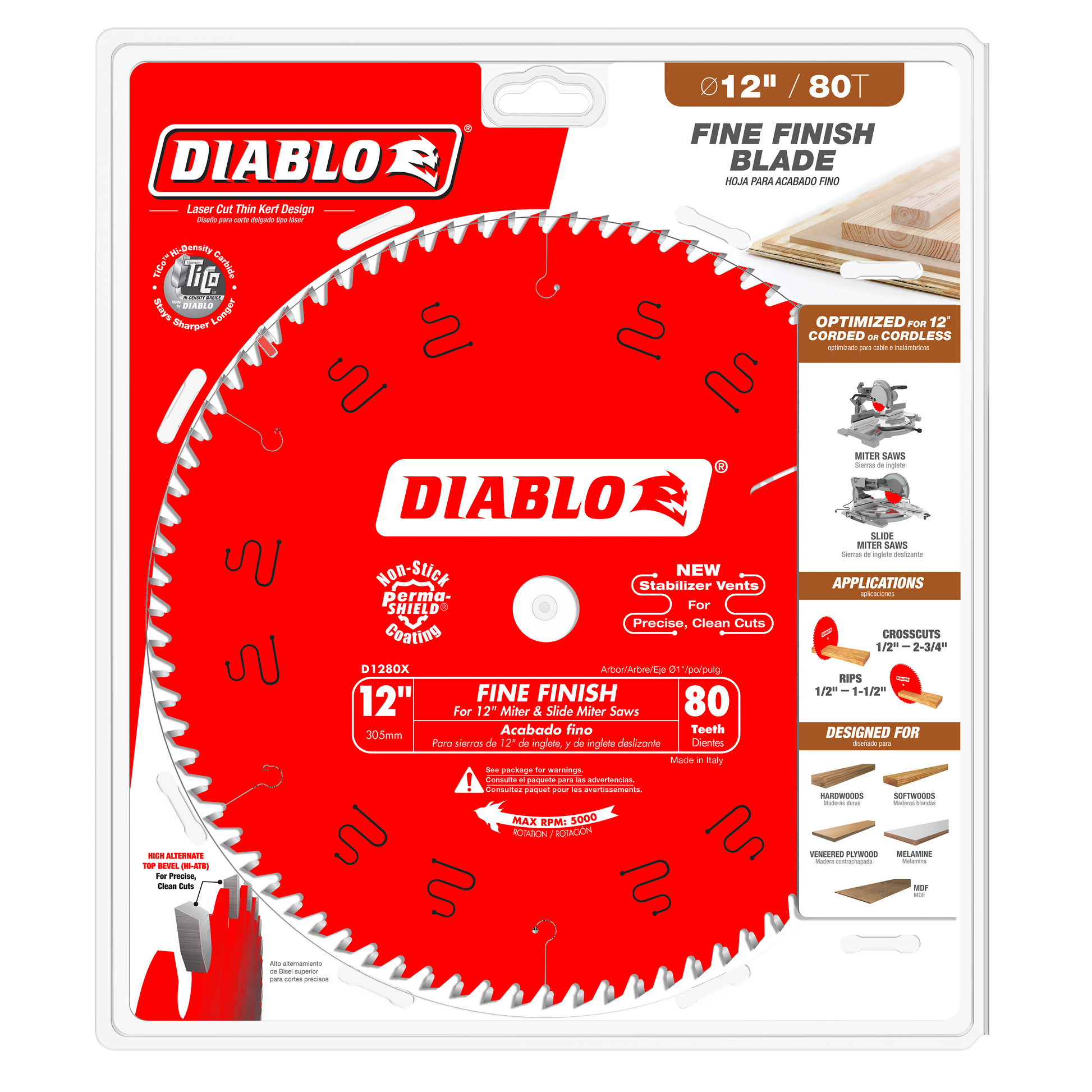 Diablo 12-inch circular saw blade with 80 teeth on red packaging, showing specifications and application details.