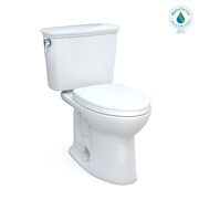 White two-piece elongated toilet with soft-close seat and separate tank with lever handle.