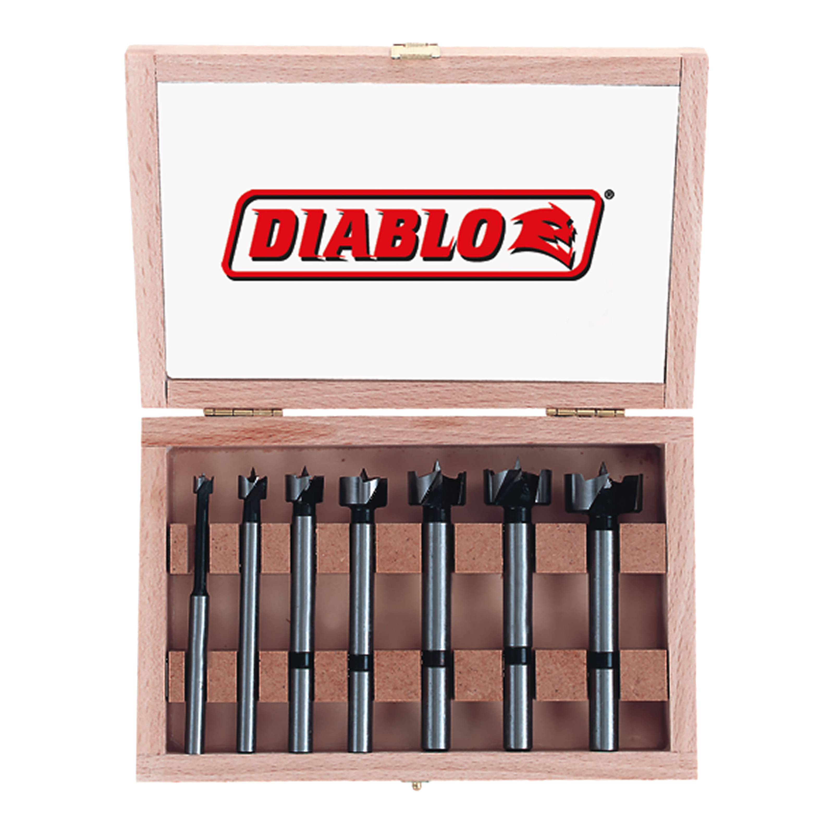 Seven Diablo Forstner bits in graduated sizes arranged in a wooden box with compartments and hinged lid.