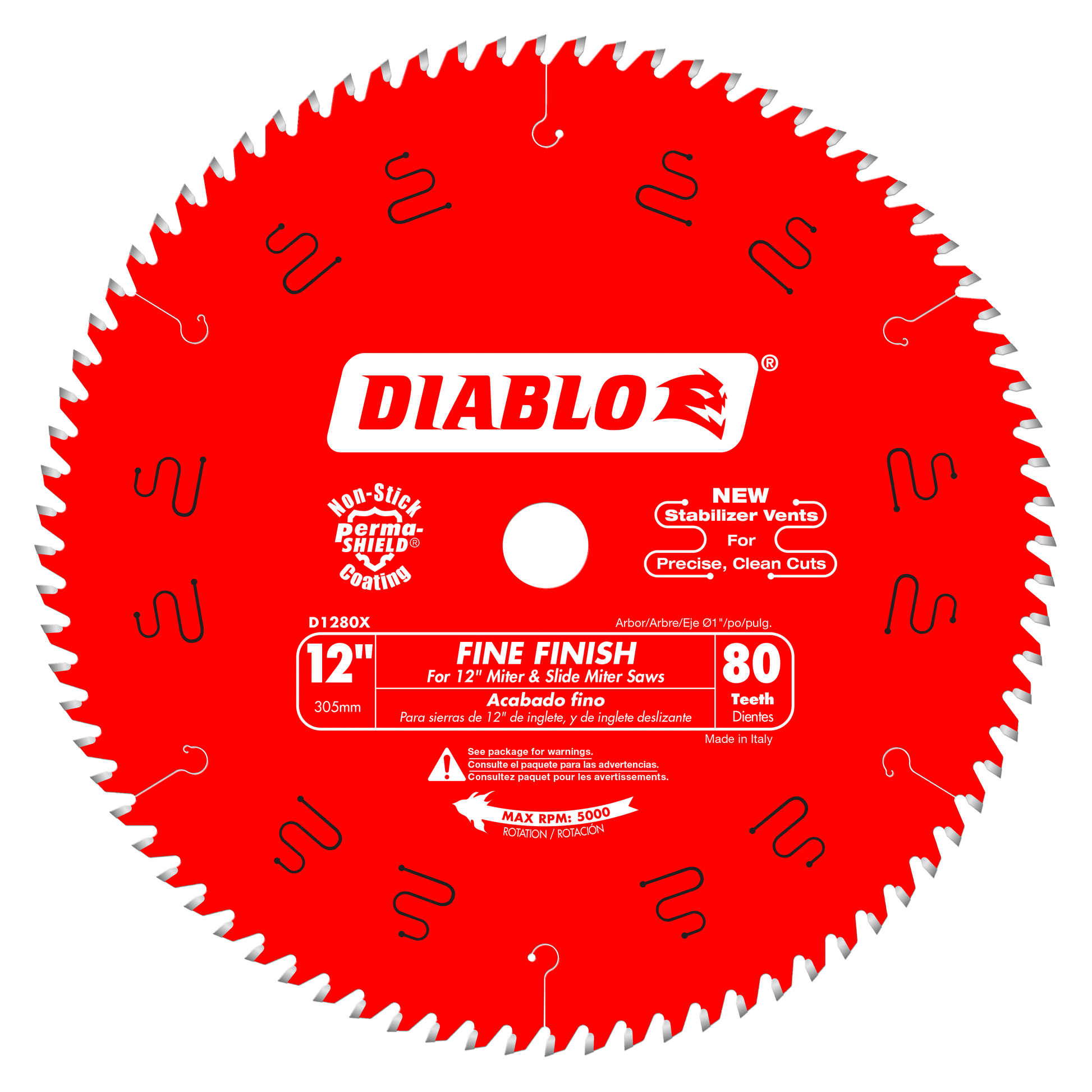 Red circular saw blade with 80 teeth, white center hole, Diablo branding, and stabilizer vents.