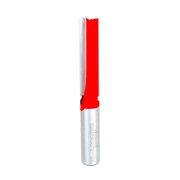 Router bit with red cutting flutes and silver shank, straight design for woodworking applications.