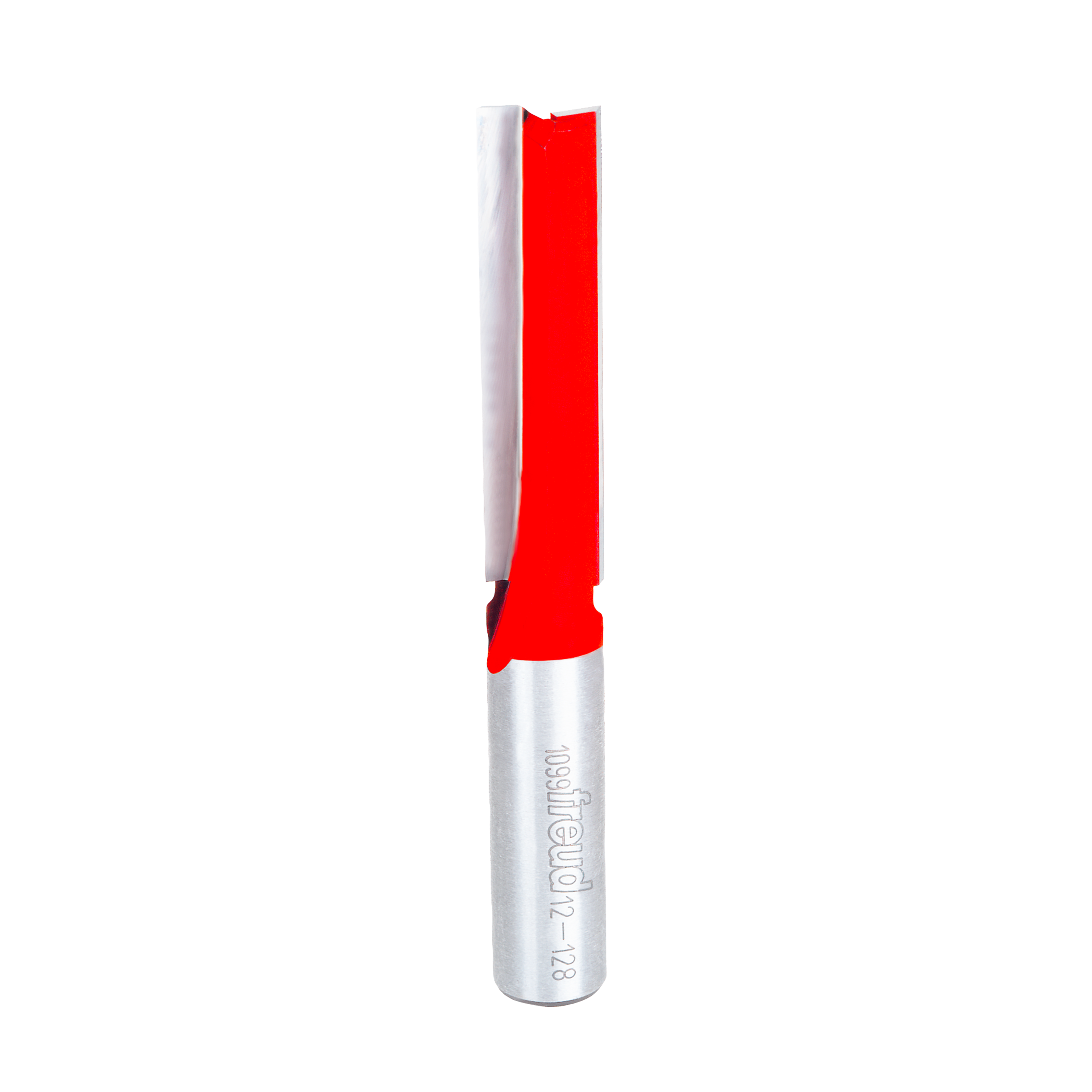 Router bit with red cutting flutes and silver shank, straight design for woodworking applications.