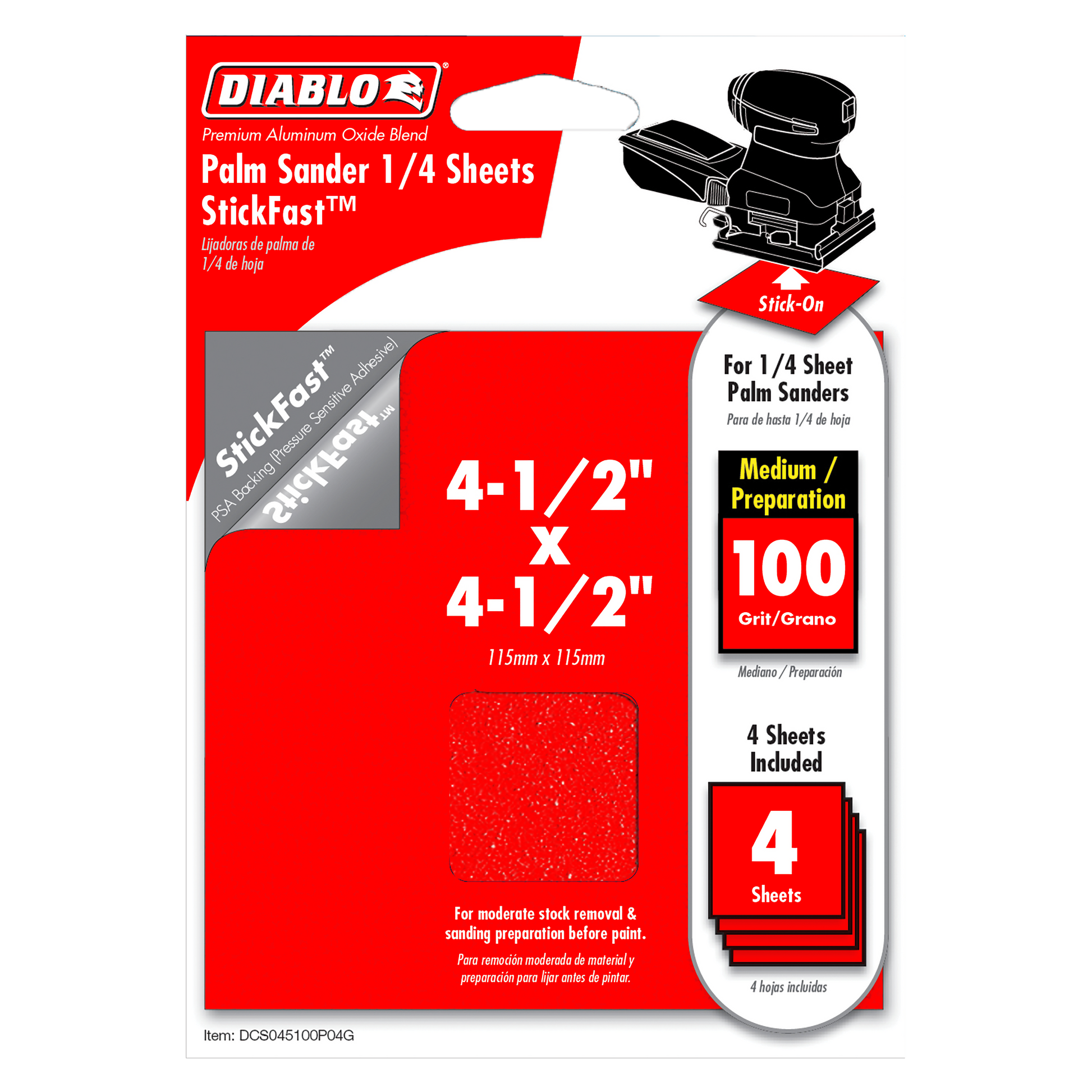 Four 4-1/2" x 4-1/2" StickFast palm sander sheets, 100 grit, medium/preparation grade.