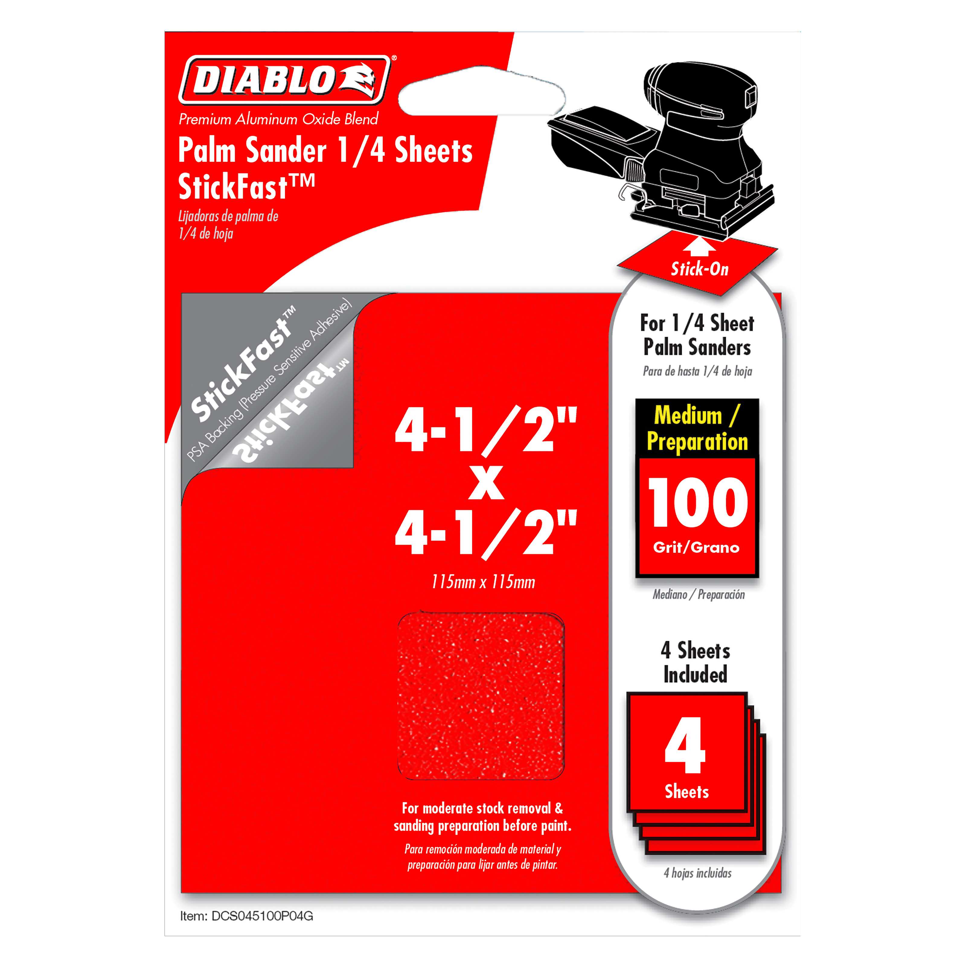 Four 4-1/2" x 4-1/2" StickFast palm sander sheets, 100 grit, medium/preparation grade.