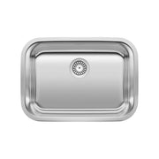 Stainless steel single bowl undermount sink with rounded corners and circular drain strainer, viewed from above.