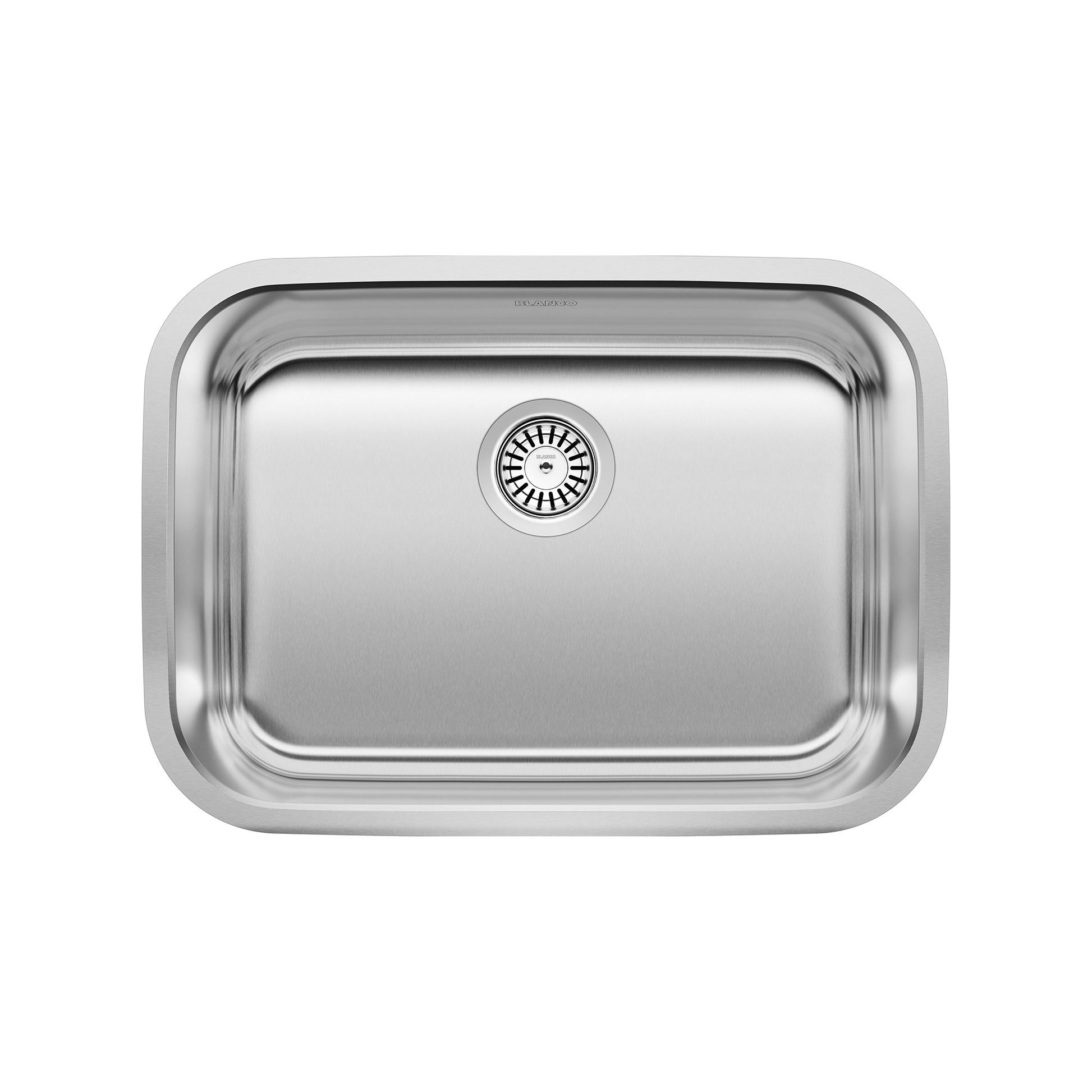 Stainless steel single bowl undermount sink with rounded corners and circular drain strainer, viewed from above.