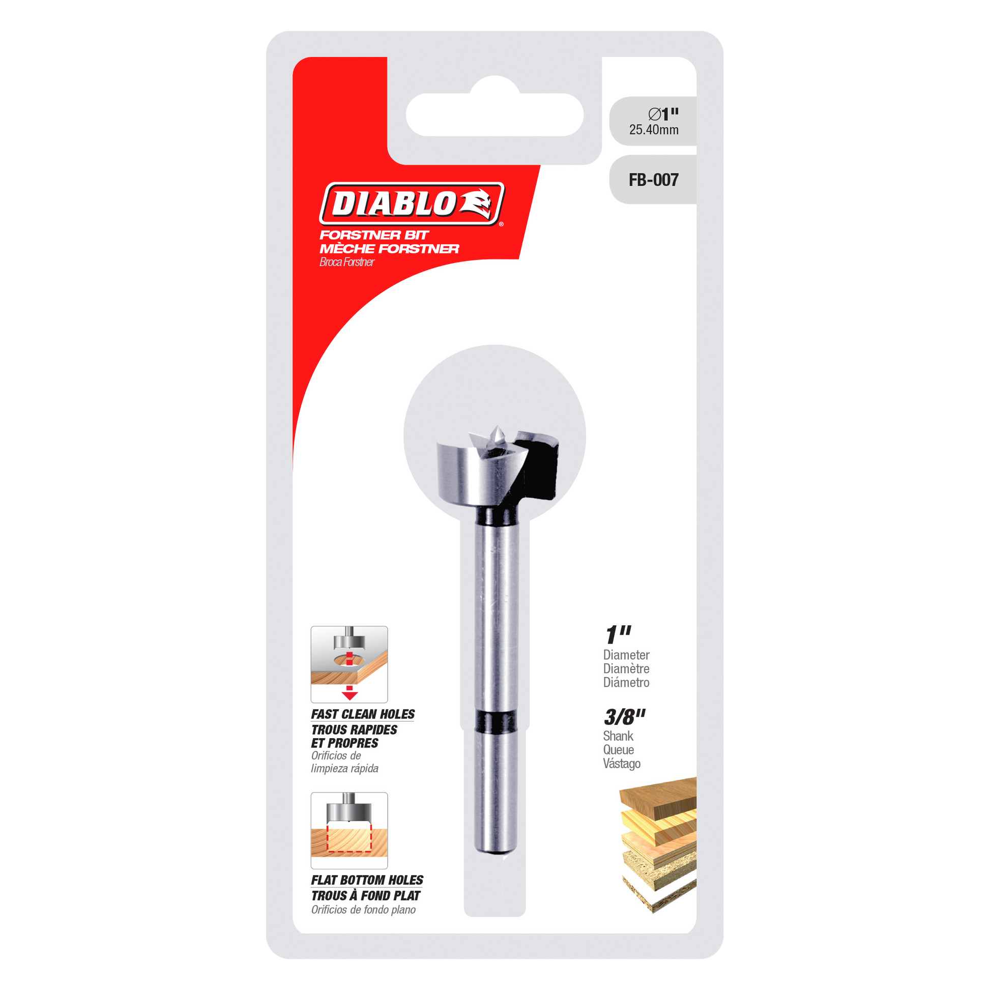 Diablo FB-007 1-inch Forstner bit with 3/8-inch shank in packaging.