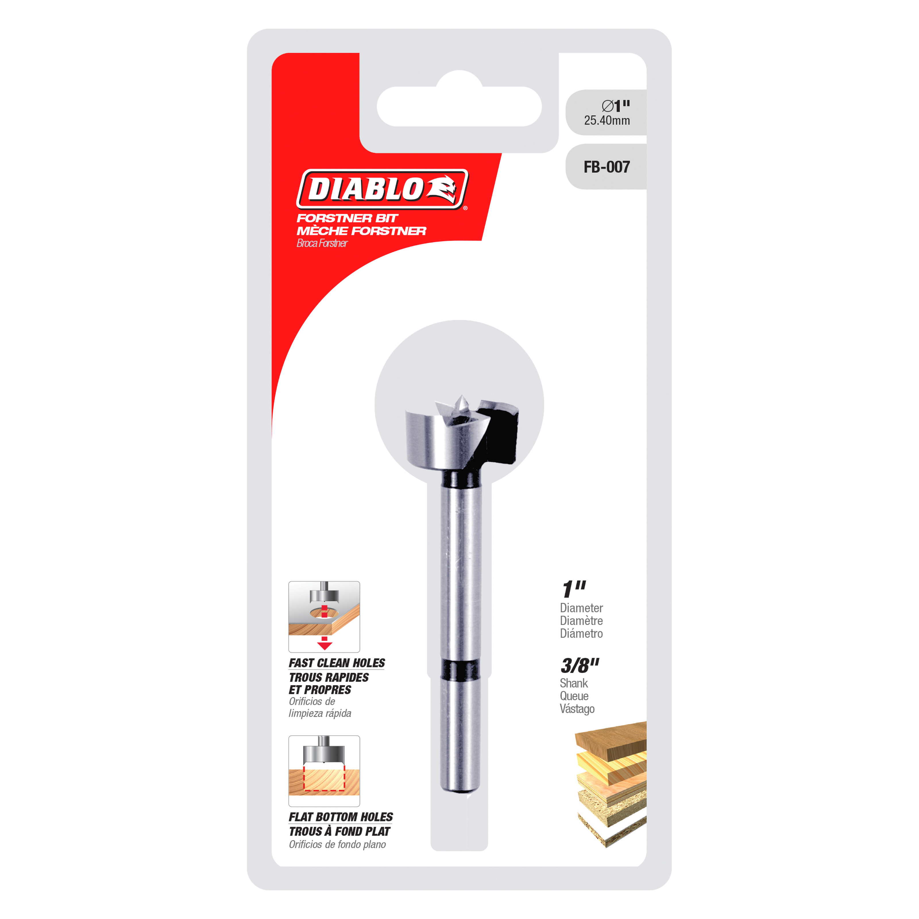 Diablo FB-007 1-inch Forstner bit with 3/8-inch shank in packaging.