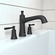 Matte black three-hole roman tub faucet set with curved spout and lever handles mounted on white bathtub rim.
